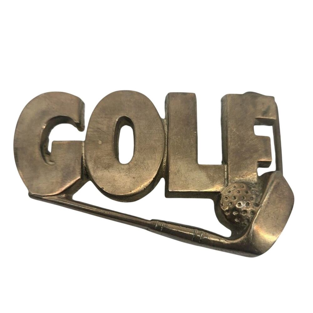 Vintage GOLF Word Art Belt Buckle Brass R.O.C. Golfing Golf Club Ball